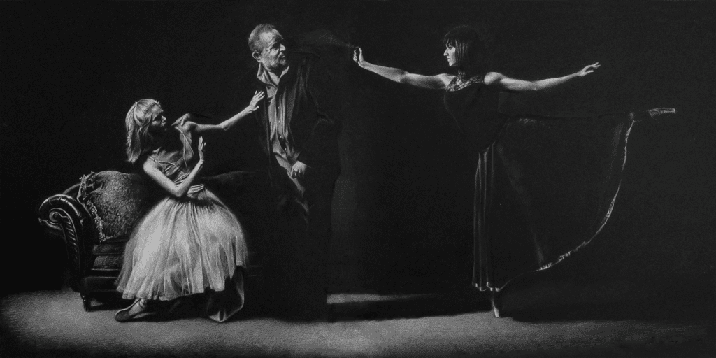 Kevin Grass's Not #MeToo drawing shows two ballerinas with Harvey Weinstein. One cringes from him, while the other one is trying to pepper-spray him.