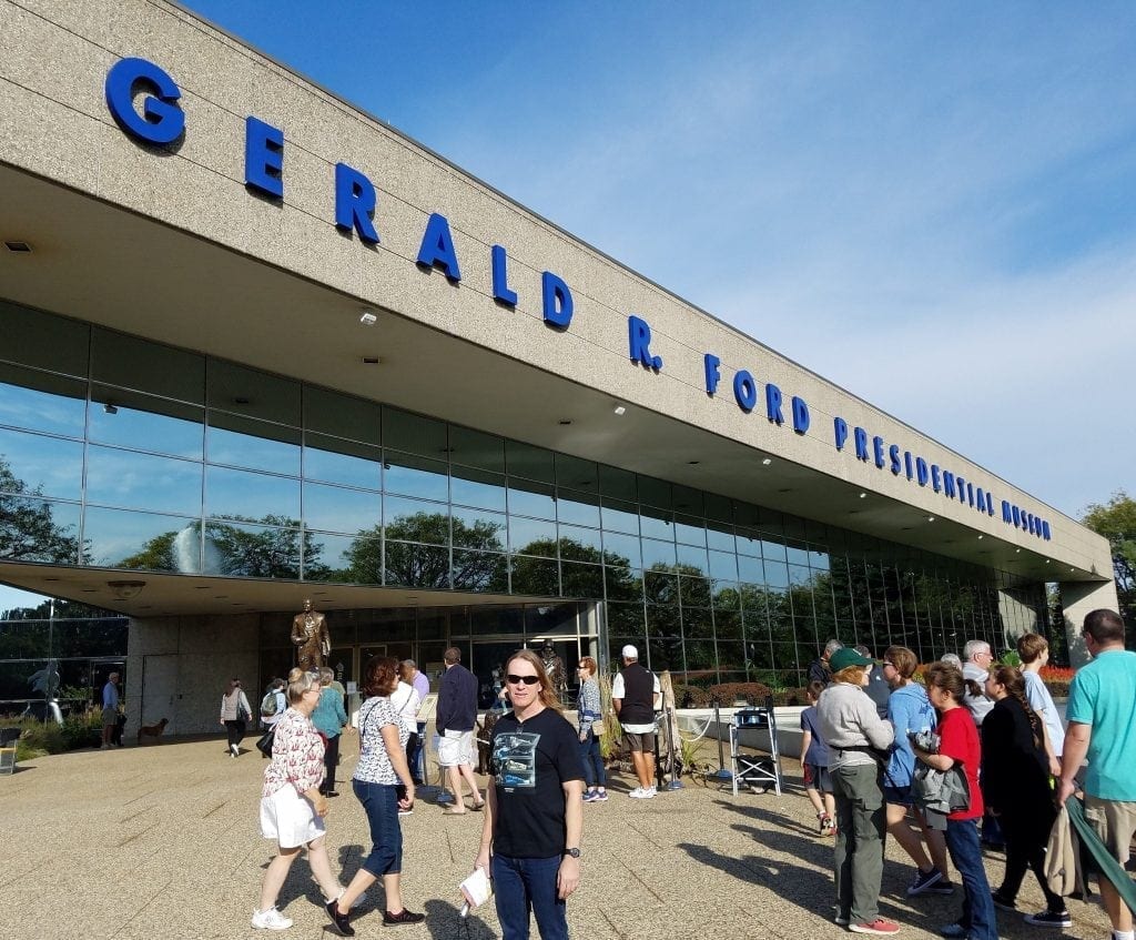 Kevin Grass in front of the Ford Museum in Grand Rapids during Art Prize 2017
