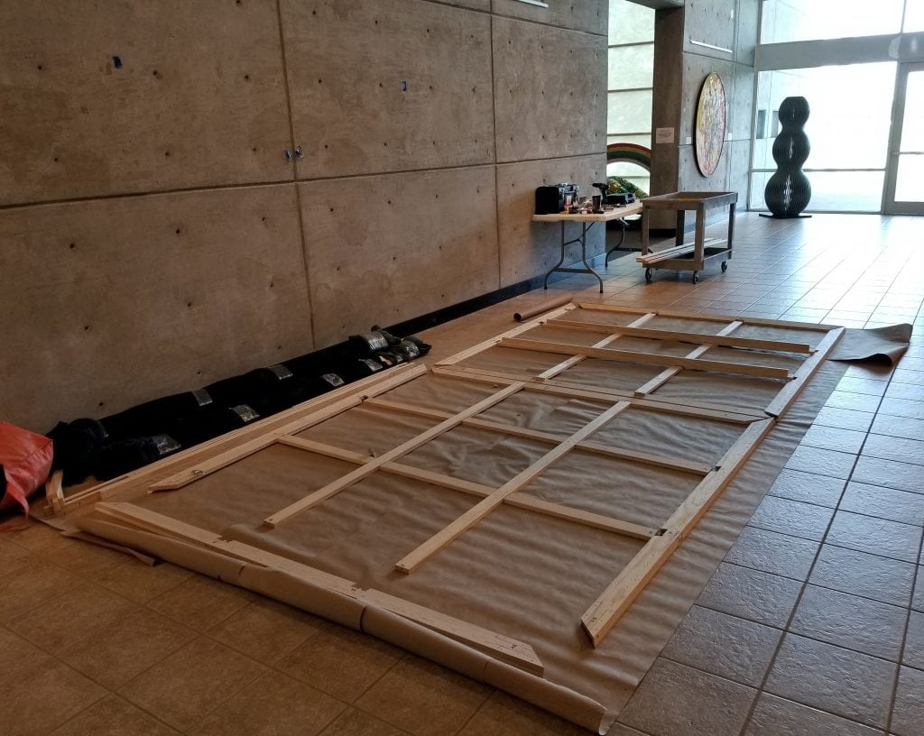 Kevin Grass's painting stretcher is ready to be re-assembled