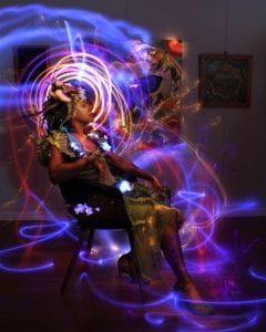  Long exposure portrait of artist Jennifer Kikia-Yang in her original costume design 'Mother Nature' at The Sharpie Gallery, Treasure Island. Light painting photography shot by Linda Costa Cheranichit in total darkness in front of a live audience and projected during the Pop-Up art event "A Night in the Garden".