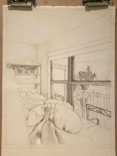 In progress drawing of the view from my room