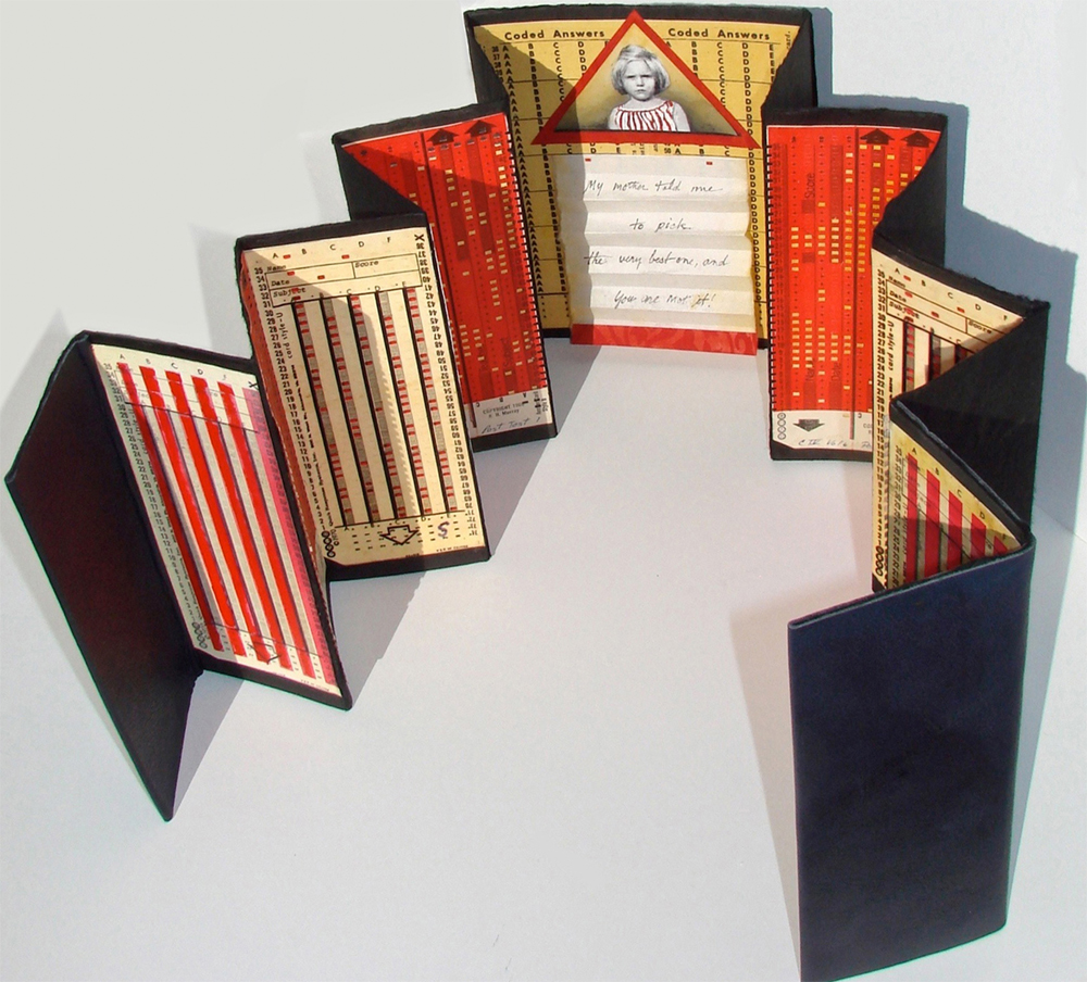 Made from old report card scantron cards, leather