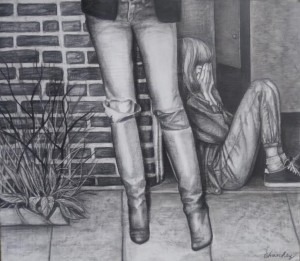 black and white pencil drawing of a child crying in the doorway.