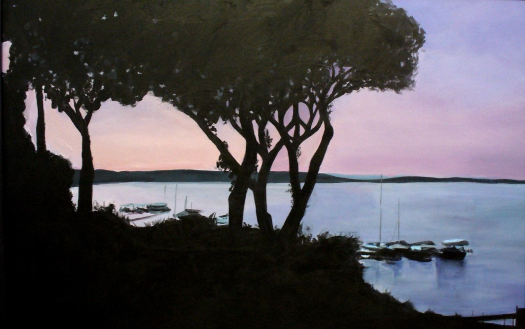 Peaceful Branches painting by Elizabeth Barenis shows a the silhouette of trees against a pink and purple sky over the marina. A peace sign is hidden among the branches of the tree.