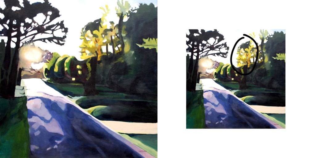 In this painting by Elizabeth Barenis, the rising sun shines through trees and casts purple shadows on the road. A human face is hidden among the trees and is illuminated by the light.