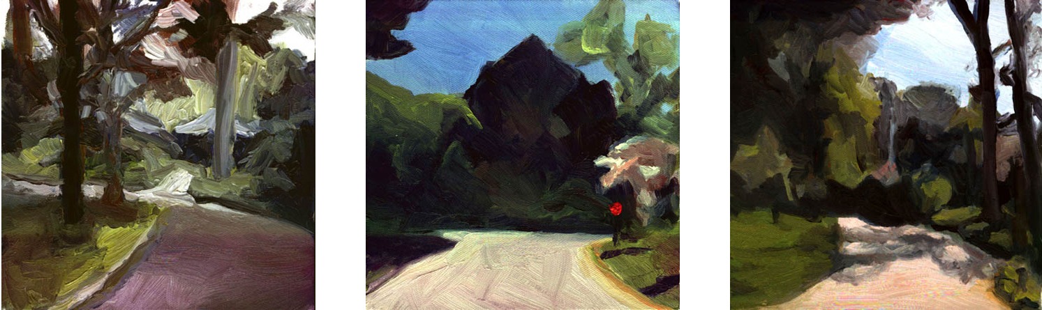 Early path paintings by Elizabeth Barenis feature expressionistic brushwork representing roads leading through forested landscapes.