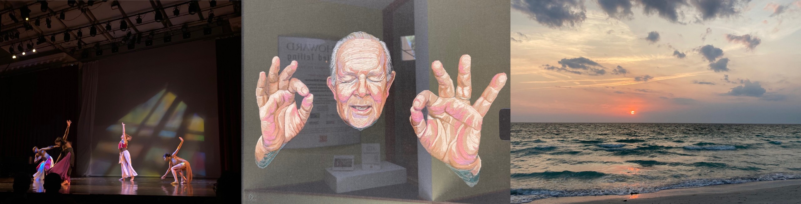 A dance performance, a portrait by a fiber artist, and a pastel-colored beach sunset are shown.