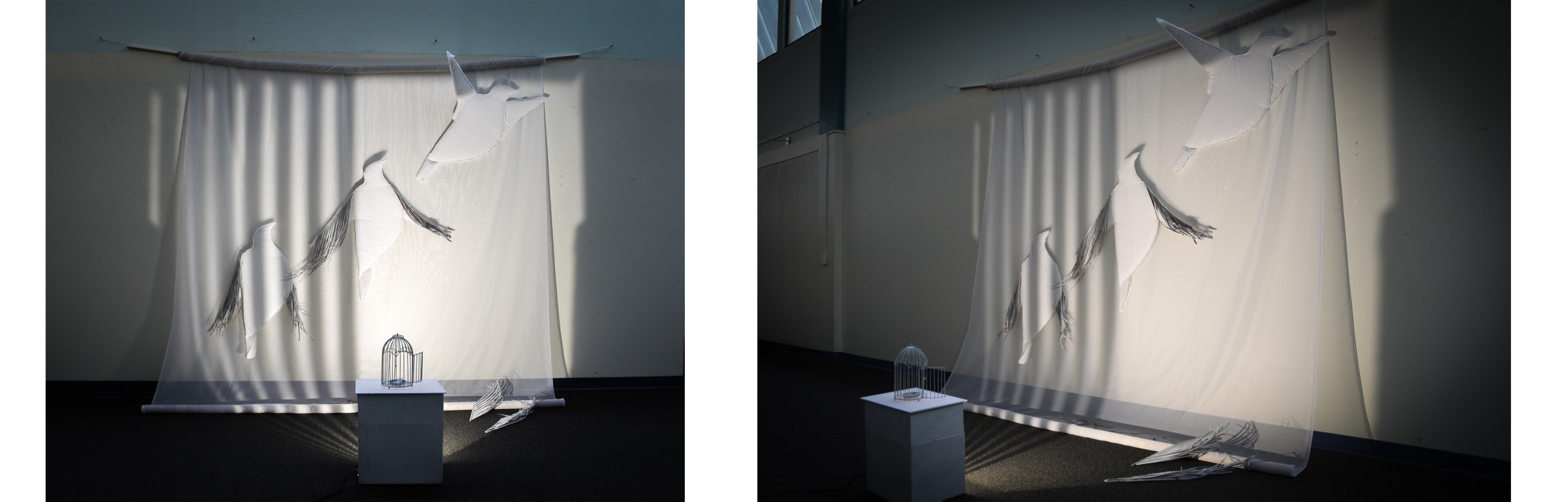 An art installation by Elizabeth Barenis is shown. Three large, white bird silhouettes are mounted against an eight-foot-tall white fabric scroll. A shadow is cast from a box in the foreground, creating what appears to be bars of a cage, on the left half of the scroll. From left to right, the bird's wings rise incrementally until the bird on the right has its wings raised and the feathers have fallen off as it seems to be flying off the scroll. There is a small cage on top of the box, and its door is open with only a white feather inside.