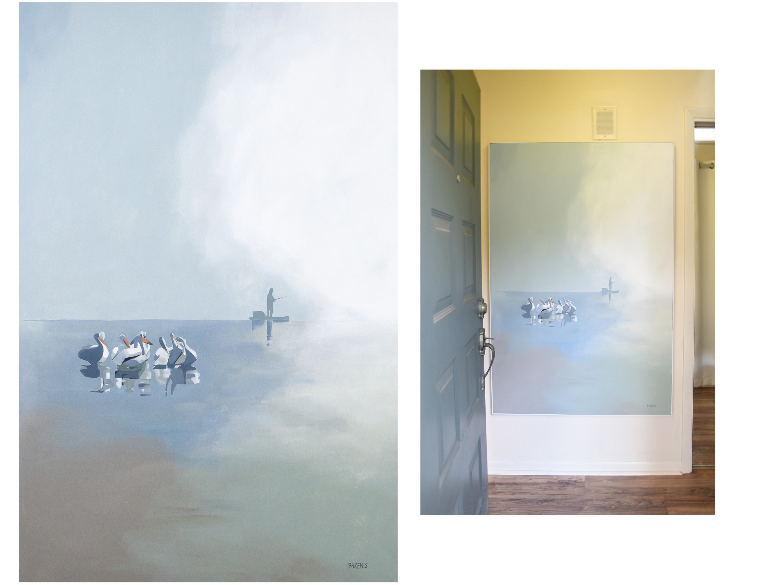 A soft, tranquil painting depicting pelicans in the bay with a fisherman in the background is shown alongside of the painting displayed in the artist's home.