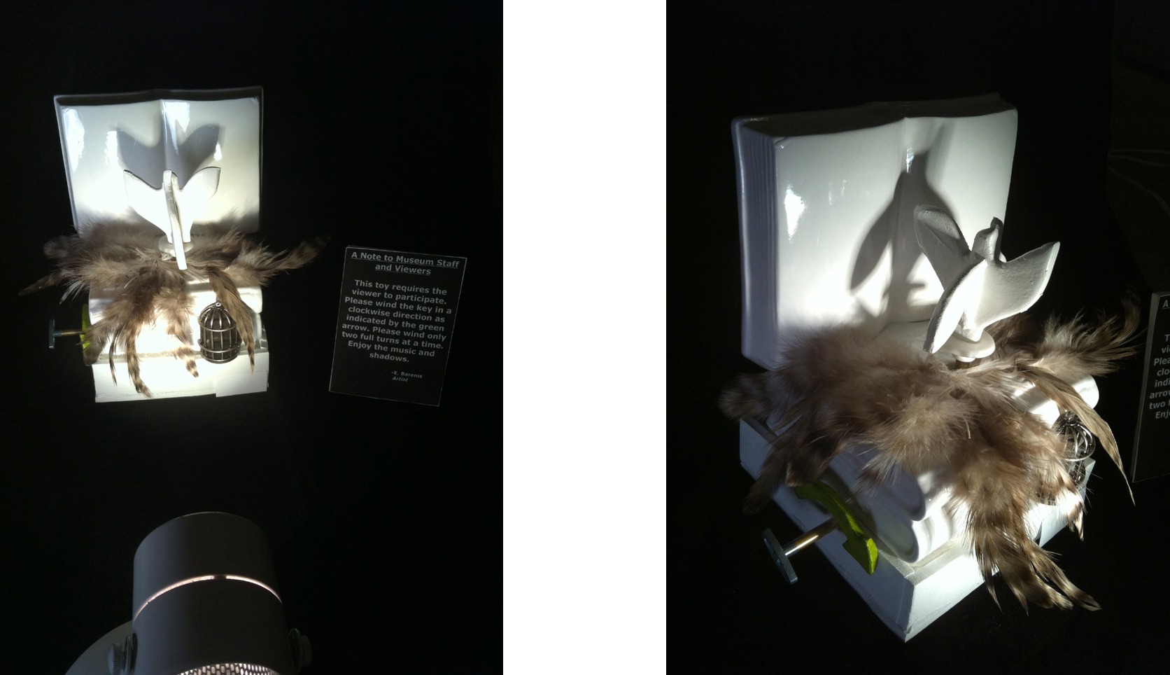 A white sculpture in the shape of an open book with blank pages stands on a base. In front of the book is a carving of a white bird figure surrounding by feathers beneath it. A light shines on the sculpture and casts a shadow of the birds wings against the blank pages of the book. A miniature metal cage adorns the bottom of the sculpture.