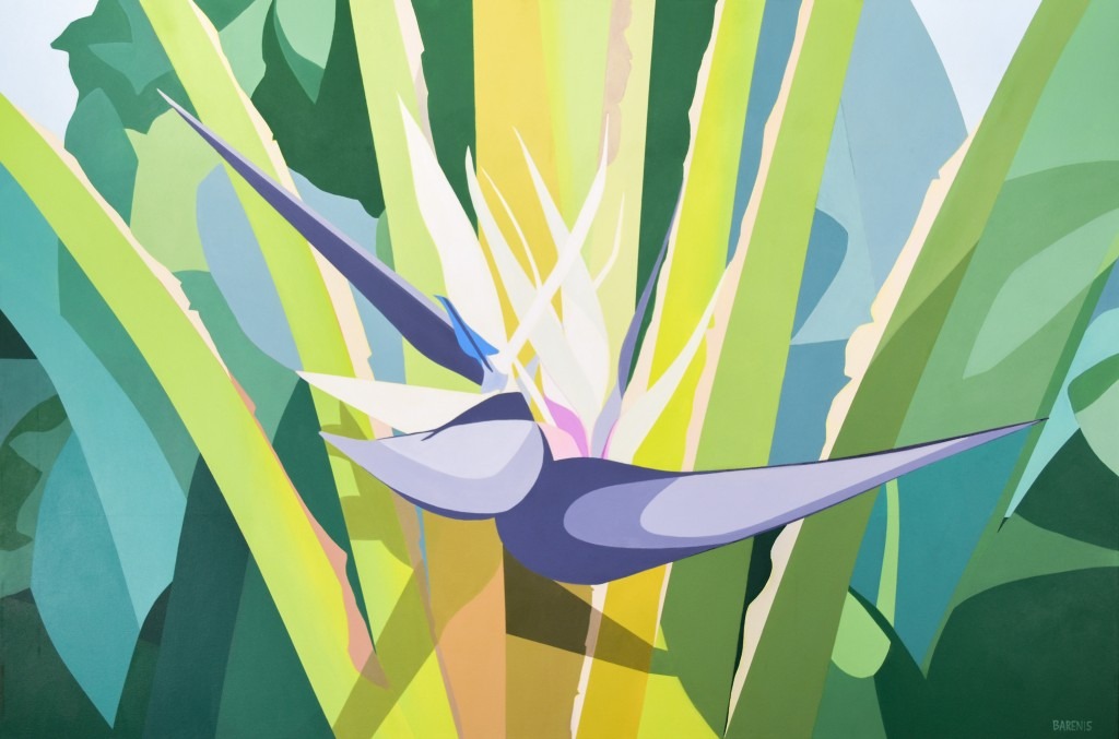A painting by Elizabeth Barenis is shown, depicting a vibrant white bird of paradise flower with multiple blooms and a green and yellow background.