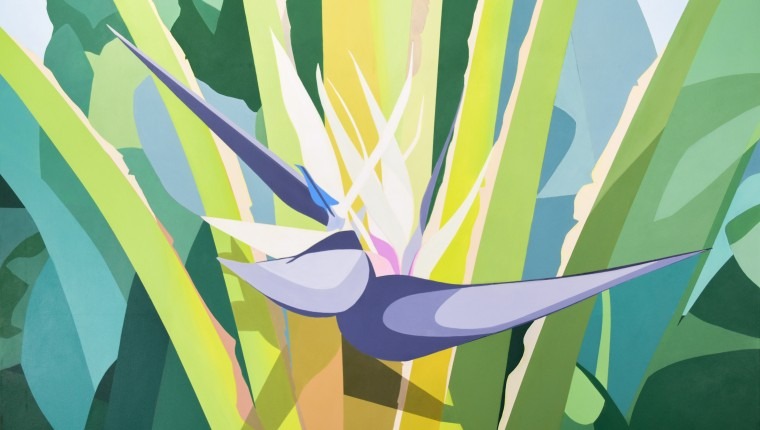 A painting by Elizabeth Barenis is shown, depicting a vibrant white bird of paradise flower with multiple blooms and a green and yellow background.