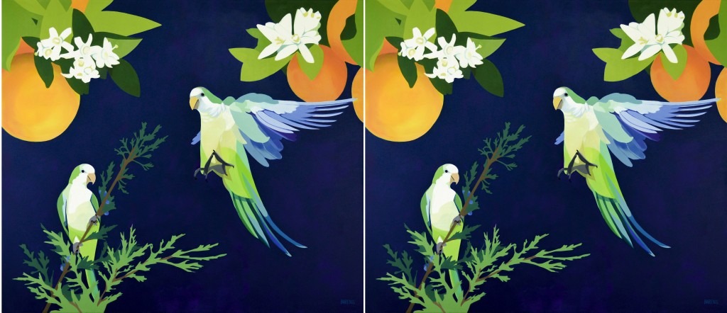 The image shows the painting of two parrots on a navy blue background - one is perched on a cypress branch, and the other is in mid-flight with its wings spread. Overhead are oranges and orange blossoms hanging.