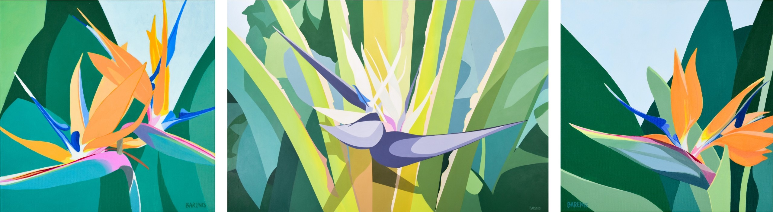 Three paintings by Elizabeth Barenis are shown. They each contain bird of paradise plants in bloom amid a background of blue and green foliage.
