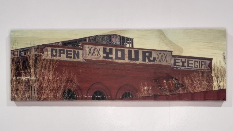 Open your eye girl, graffiti, brick building, photo transferred to wood, Luci Westphal