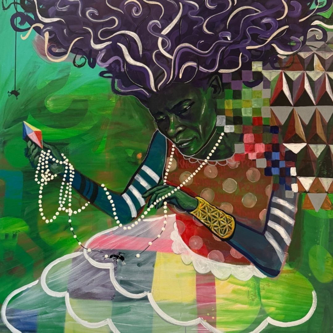 A painting depicts a female figure offering a strand of pearls.