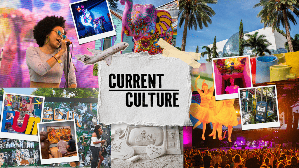 A collage of colorful images surround the words, Current Culture.