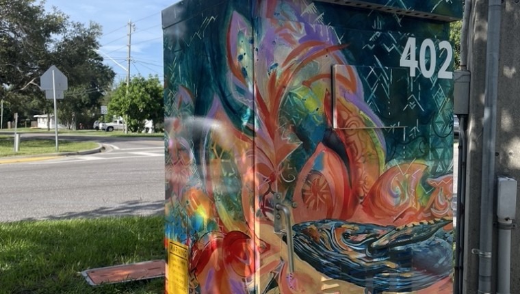 A signal box is colorfully decorated.