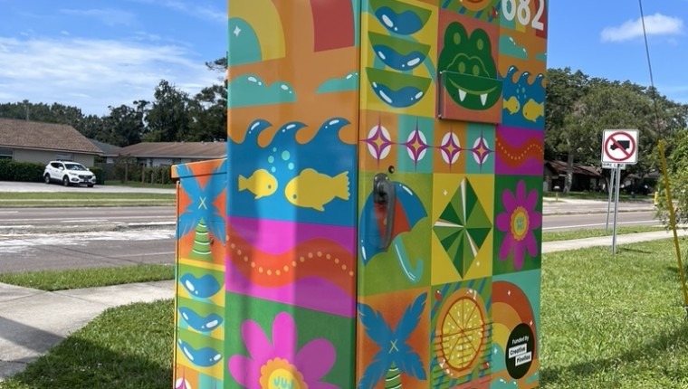 A signal box is colorfully decorated.