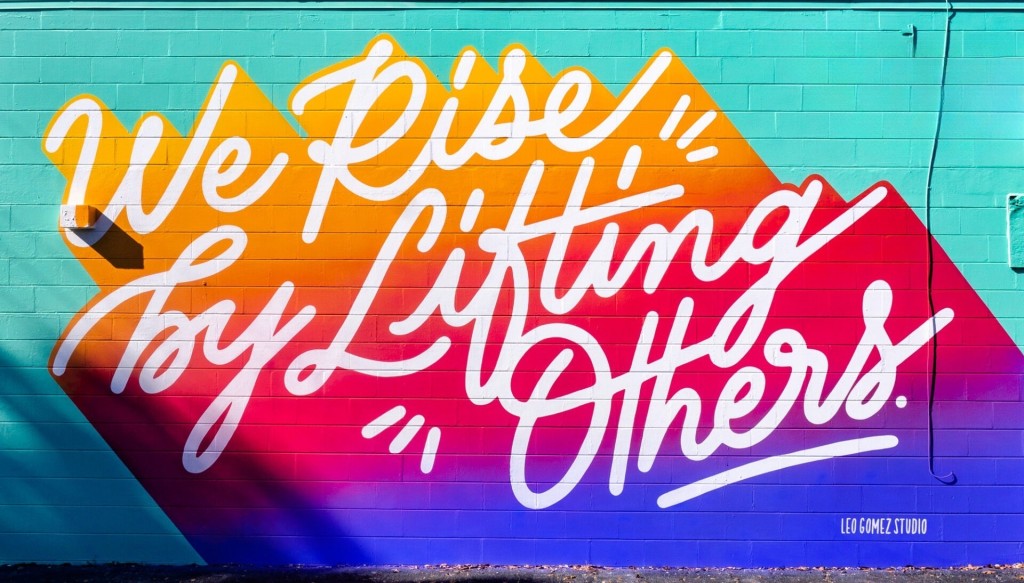 A colorful mural with text.